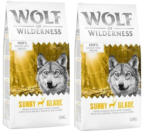 Wolf of Wilderness Adult Sunny Glade - Premium Trockenfutter für Hunde 100% Getreide- und glutenfrei angereichert mit Waldfrüchten, Wildkräutern und Wurzeln 2 x 12 kg