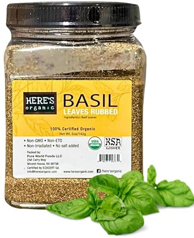 Here's Organic Premium Basil Leaves Rubbed (Dried) - USDA Certified Organic | NON-GMO | Gluten Free | Kosher 5oz in anti-slip Chef's Jar