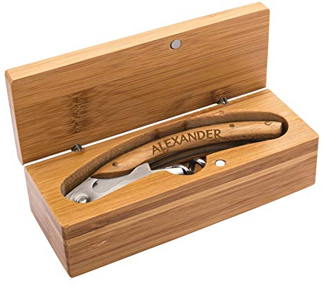 eBuyGB Kellnermesser aus Holz/Metall verpackt in schöner Box mit persönlicher Namensgravur, Kellnerbesteck, Korkenzieher, Somelierbesteck