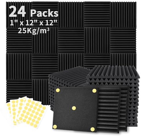 Focusound 24 Pack Acoustic Foam Panels 1 x 12 x 12 Sound Proof Foam Panles Soundproofing Noise Cancelling Wedge Panels for Home Office Recoding Studio with 240PCS Double-Side Adhesive
