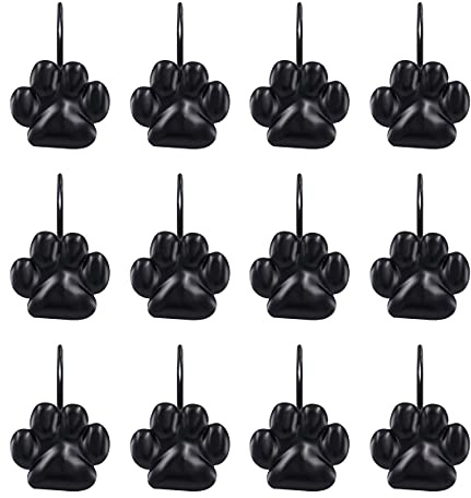 Sunlit Fashion Design Cute Paw Print Polished Shower Curtain Hooks for Dog Cat and Bear, Rust Proof Oil Metal Shower Curtain Rings, Black-12 Pack