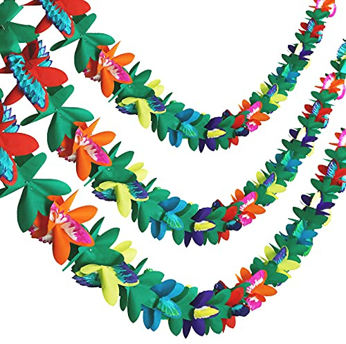 Kesote 3Pcs Tropical Tissue Garlands for Hawaiian Party - Total 30ft / 9M | Summer Party Decorations, Multicolored Flower Leaves Banner, Luau Party Decor