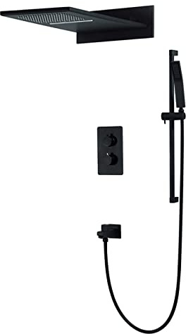 SHUGUANG Duschsystem Schwarz Thermostat Duschset Duscharmatur Wandhalterung Duschsäule 2 Griffe Duschset Regendusche mit 2 Funktionen Duschkopf, Hebestange, Handbrause, Badewanneneinlauf