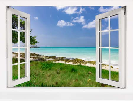 Holz-Bild 40 x 30 cm: Meerblick aus dem Fenster auf der Insel des sonnigen Sommertages(158744868)