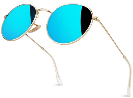 GQUEEN Retro Runde Verspiegelt Polarisierte Sonnenbrille Damen Herren UV400 | Leicht,Metallgestell,Verstellbare Nasenauflagen,Autofahren,Reisen,Laufen,Golfen,Angeln