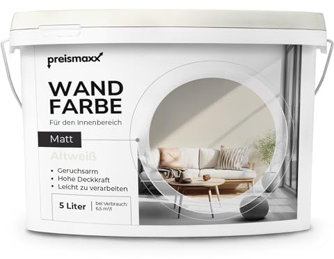 Preismaxx Wandfarbe Altweiss hohe Deckkraft matt hochdeckend 5l | Für Wände, Decken, Putz, Tapete & Altanstriche, geruchsarm, tropfgehemmt, Renovierung & Neuanstrich