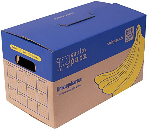 smiley pack 15 Stück Umzugskartons 600 x 328 x 340 mm bis 40 kg | Bananenkiste, XXL Umzugskarton, Archivkarton – zweiwellig, stabil, Profi – stapelbar – Sets von 5 bis 240 Stück