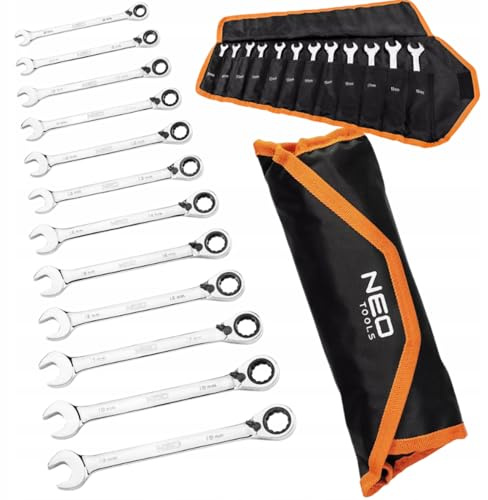NEO TOOLS Juego de llaves combinadas de carraca con 12 llaves combinadas planas con carraca e interruptor/palanca de cambio 8-19 mm, incluye práctica bolsa de almacenamiento, acero CrV
