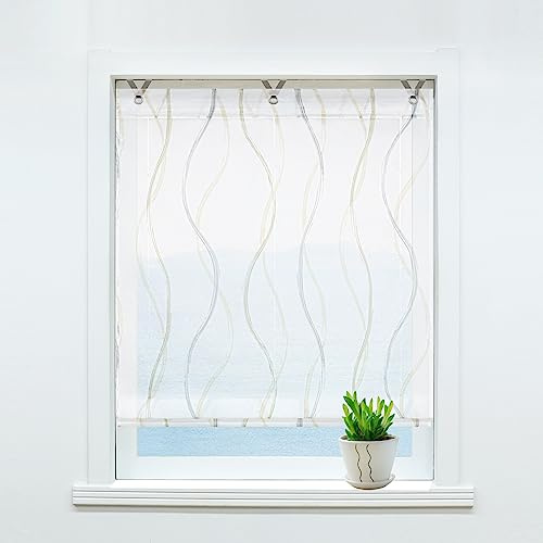 ESLIR Raffrollo ohne Bohren Raffgardine Voile Ösenrollo Transparent Gardinen Küche mit Ösen Vorhänge Modern Wohnzimmer mit Wellen Muster Sand BxH 120x130cm 1 Stück