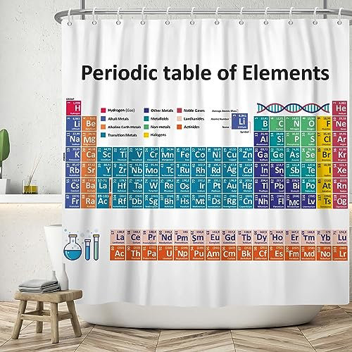 ASDCXZ Tenda da doccia con tavolo periodico, 180 x 240 cm, in tessuto impermeabile, moderna, semplice, colorata, tavola periodica, bianca, per esterni, lavabile, in poliestere, tenda da bagno con 12