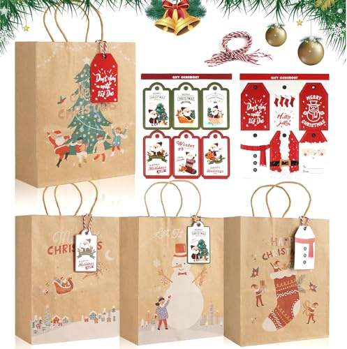Presentpåsar jul, 12 stycken julpåsar papperspåsar med presentetiketter, jul kraft presentpåsar julklappar återanvändbara (23 x 18 x 9,5 cm)