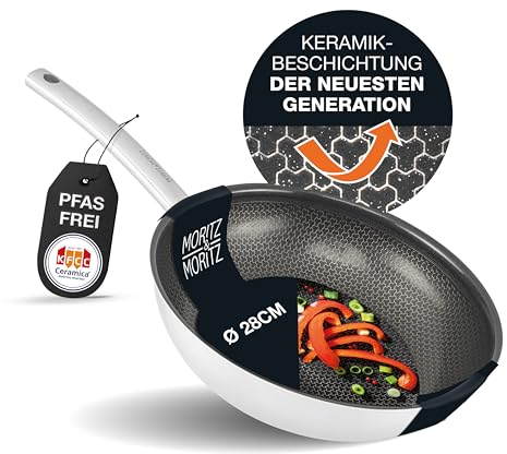 Moritz & Moritz Frying Pan Honeycomb Structure 28cm Frying Pans Nonstick - Non-Stick Latest Generation Ceramic Coating, Round Rim, Suitable for All Hob Types – Durable 304 Stainless Steel Frying Pan
