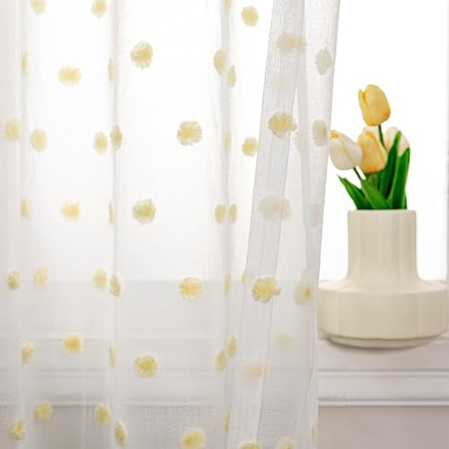 MYSKY HOME Gardine und Vorhänge mit Ösen Weiße Gardinen Wohnzimmer Schlafzimmer Vorhang 2er Set Gardine Halbtransparent Curtains for kinderzimmer, H 225 x B 140 cm, Gelb