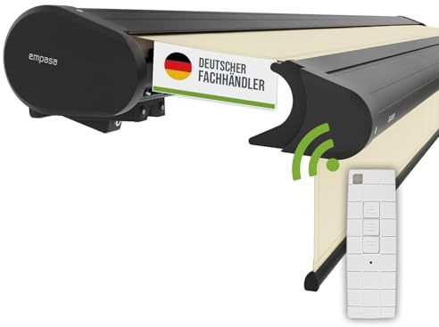 empasa Elektrische Vollkassettenmarkise 'Premium' Kassettenmarkise | Gelenkarmmarkise Markise Sonnenschutz mit manuell ausfahrbarem Volant, komplett vormontiert, Farbe:elfenbein, Größe:4 x 3 m