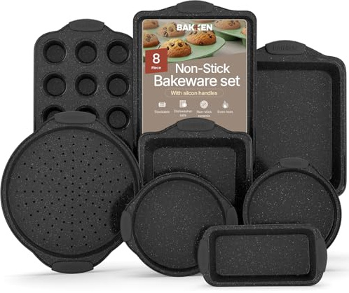 BAKKEN 8-Piece Kitchen Oven Baking Pans Set - Deluxe Nonstick Gray Marble Coating, Professional Grade Carbon Steel Bakeware with Silicone Handles - Oven, Dishwasher, and Freezer Safe