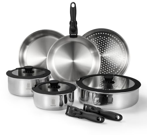 ROYDX Uncoated 18/10 Stainless Steel Cookware Set, Large Frying Pan Set with Steamer and Saute Pan, Stay-Cool Detachable Handles and Glass Lid, LFGB Approved Pots and Pans Set, Serve 4-6 People