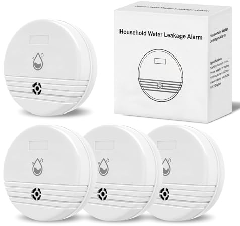Water Leak Detector 4 Packs, Lound Sound Sensor Alarm, Home Water Flooding Monitor Sink Overflow Monitoring Wet Moisture Alert Pipe Leakage Drip Detection Warning for Basement, Laundry, Bathroom