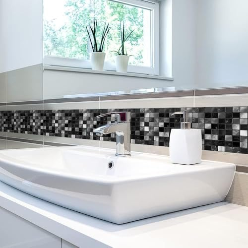 neukids Borde de pared de mosaico negro para despegar y pegar, borde de rodapiés, bordes de pared, sala de estar, dormitorio, baño, cocina, decoración de papel tapiz