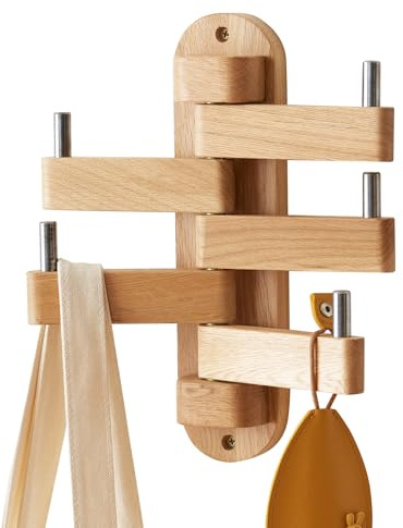 TRWISWDC Swivel Coat Rack Oak Coat Hooks, Wood Wall Hooks with 5 Swivel Foldable Arms, 12'' Length Wall Coat Rack Hat Hooks for Bathroom Entryway Bedroom Office Kitchen, Heavy Duty (Natural)