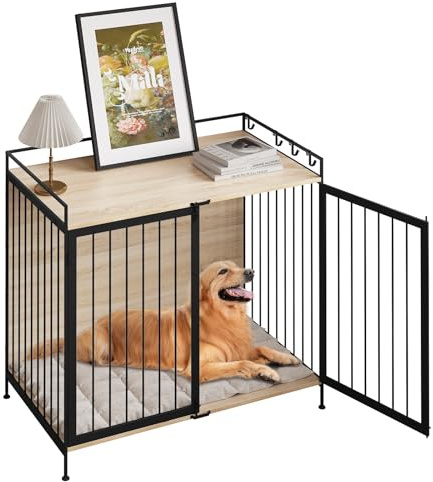 EUGAD Hundbur för Hemmet, Hundbur med Dörr, Hundkoja Hundstängsel, Inomhus Hundgård, för Stora Medelstora Små Hundar, 104x92x60 cm, Sidobord, Ljus ek Svart, 0352GL