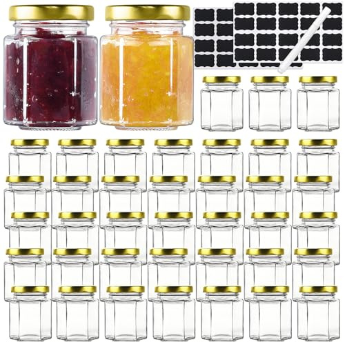 Absovetu 40 Pack Small Glass Jars with Metal Lids and Labels 100ml/3.4oz - Reusable Mason Jars Mini Jam Jars with Lids Small Hexagon Honey Jar for Spice Sweet Pickling Wedding Christmas