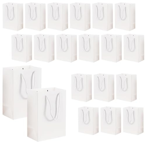 PRITOK Papiertüten Weiß: 20 Stück 18 x 10 x 23 cm Papiertüten mit Henkel, Geschenktüte Groß, Wiederverwendbare Kraftpapiertüten für Hochzeiten, Geburtstage, Partys, Weihnachten und Mehr