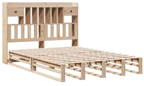 vidaXL Massivholzbett, Bett Kopfteil mit Bücherregal ohne Matratze, Bettgestell mit Lattenrost, Holzbett Doppelbett für Schlafzimmer, 150x200cm Kiefernholz