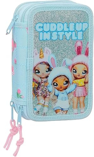 PRESTIGE & DELUXE Estuche Na Na Na Surprise Glitter Azul Escuela Primaria Triple con 18 Lápices de Colores, 18 Rotuladores y Set Papelería + Regalo Llavero lentejuelas y bolígrafo de color,