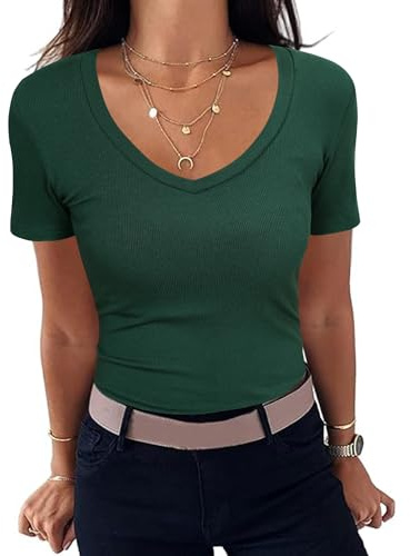 Aottori T-Shirt Donna Estivi Manica Corta Maglietta a Coste con Scollo a V Basic Shirt Aderente Elasticizzato Top Cotone Sexy Verde S