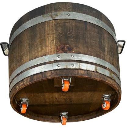 Fassl Baron gebrauchtes Weinfass geölt,-Eisengriffe & 4X Rollen- D/H=70/40cm Holzfass halbiert aus Eiche als Pflanzkübel oder Miniteich (D70 H40 cm 100 Liter)