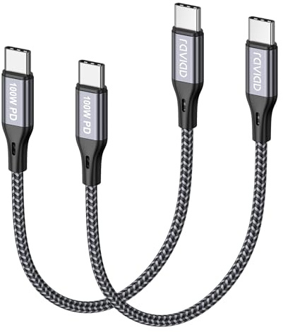 RAVIAD 100W Câble USB C vers USB C 30CM/Lot de 2, Cable USB C Charge Rapide | Nylon Tressé PD 5A Cable USBC Court pour iPhone 17/16/16e/15/Pro/Pro Max/Air, Samsung Galaxy S26/S25, iPad, MacBook, Pixel