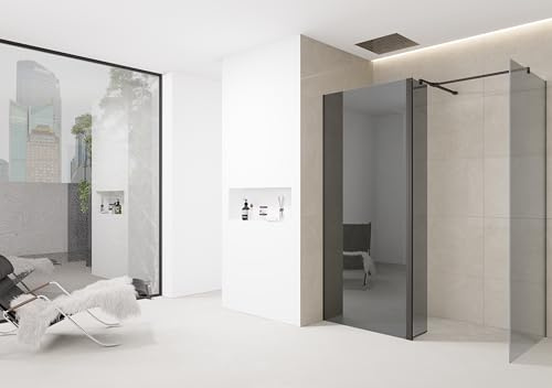700 mm Black Glass Shower Screen Smoked Dark Grey Tinted Walk in Shower Enclosure 6mm Tempered Safety Glass Wetroom Panel (700 mm Screen with 800 mm End + Return)
