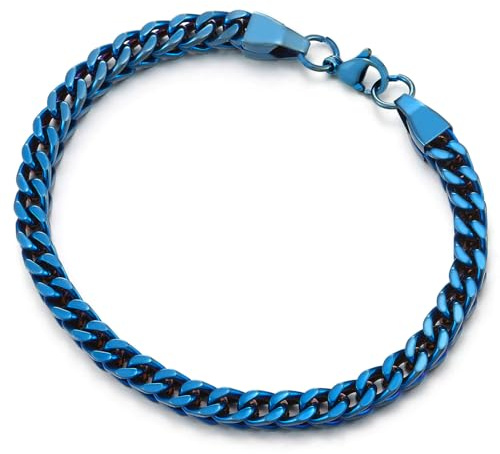 COOLSTEELANDBEYOND Bleu Acier Inoxydable Cubaine Chaîne Maillons Bracelet - Gourmette pour Homme - Hip Hop Biker Bijoux - Punk Rock