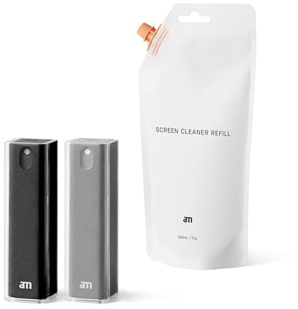 am Kit Pulizia Schermo con Ricarica da 200 ml e Panni in Microfibra – Per Smartphone, Tablet, Laptop, Monitor PC, Smart TV e Display Auto (Nero, Grigio, 2 Pack)