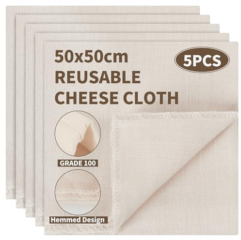5PCS Cheesecloth, Grade 100 Unbleached Muslin Cloths for Cooking, Reusable Ultra Fine Cheese Cloths, Washable Hemmed Straining Cloth for Filtering Nut Milk, Butter, Juice, Tea, Coffee (50 x 50 cm)