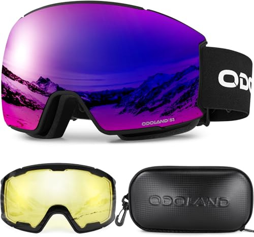 Odoland Ski Goggles Set with Detachable Lens, Interchangeable Lens, Anti-Fog UV Protection Snow Goggles for Men and Women, Helmet Compatible, Black Frame Purple Lens vlt 14%-15%