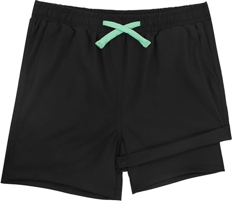 LACOFIA 2 delar 2-i-1 babybadshorts med kompressionsfoder boxershorts pooldräkt strand pojkar med elastisk midja snabbtorkande 2–14 år, A-svart, 7-8 �r