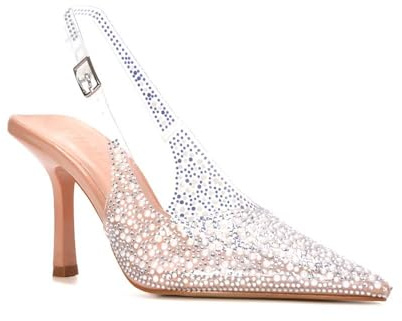 ESSEX GLAM Women's Clear Perspex Court Shoes Ladies Pointed Toe Buckle Pearl Jewel Party Sandals Size 3-8
