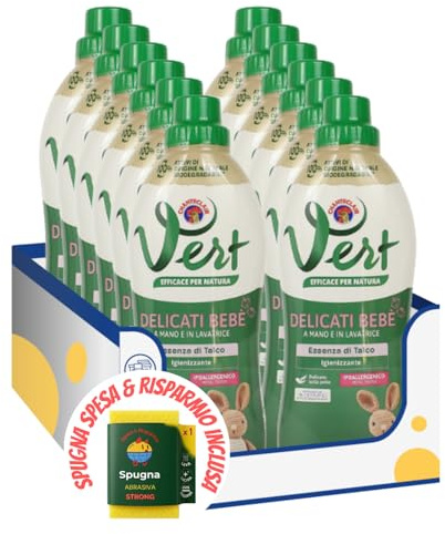 Detergente liquido per bucato capi delicati bebè – 750 ml kit con Spugna Brandizzata SPESA & RISPARMIO Inclusa – Variazioni 4/8/12 Pezzi (12)