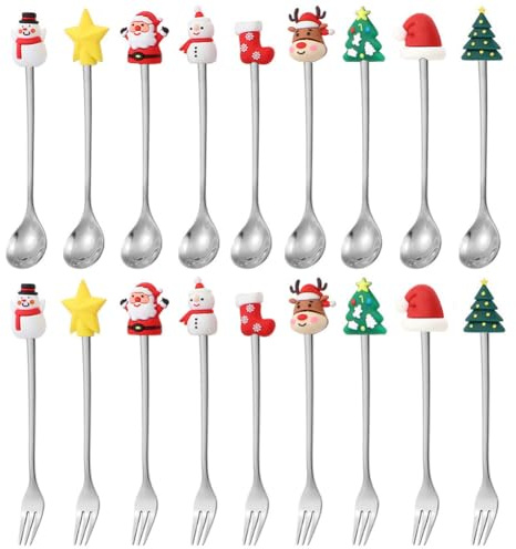 TMTGTS Set di posate natalizie, 14 pezzi, argentate, cucchiai di Natale, cucchiai di Natale, forchette da frutta, cucchiai da dessert