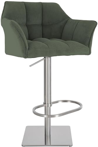 CLP Barhocker höhenverstellbar Damaso Cord, mit Armlehne und Fußstütze, bis 240 kg belastbar, Robustes Edelstahlgestell, Tresenhocker | Farbe grün Gestell Farbe Edelstahl