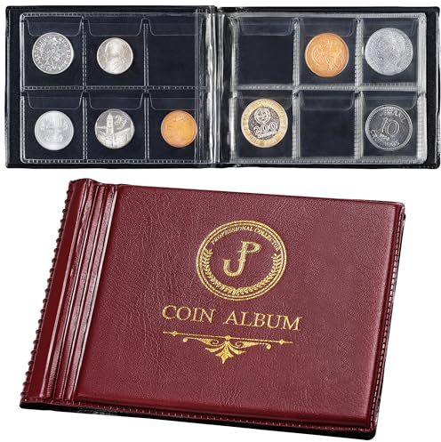 60 Fächer Münzalbum - Münzsammelbuch Mit 10 Seiten, 35x35mm Gitterfächer | Uncle Paul Raster für Penny-Sammlung und Aufbewahrung. Passend für Toonie, Dime, Pence, Cents, Quarter, Rot CS4206RE
