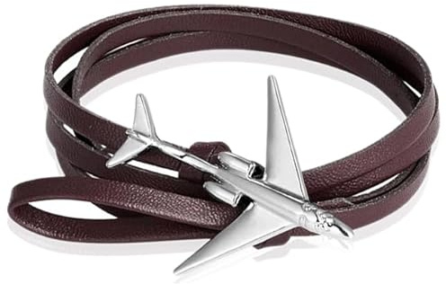 Wickelarmband Herren Leder Flugzeug Anker Braun Silber
