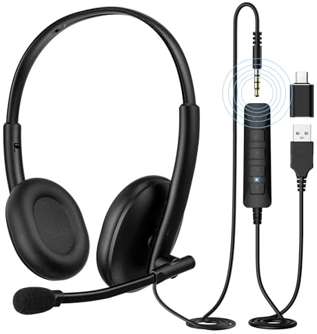 REBOCOON USB Headset with 290° Rotating Noise-Canceling Microphone, USB-A/Type C/ 3.5mm Wired Lightweight Office Headphone with Mute Button & Volume Control for PC, Mac, Cell Phone, Zoom Calls