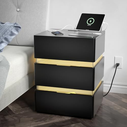 Bonnlo LED Bedside Table with Charging Station, Nightstand with 3 Drawers, Chest of Drawers with 16 Colors RGB Lights, Sofa Side Table for Bedroom, Living Room (Black)