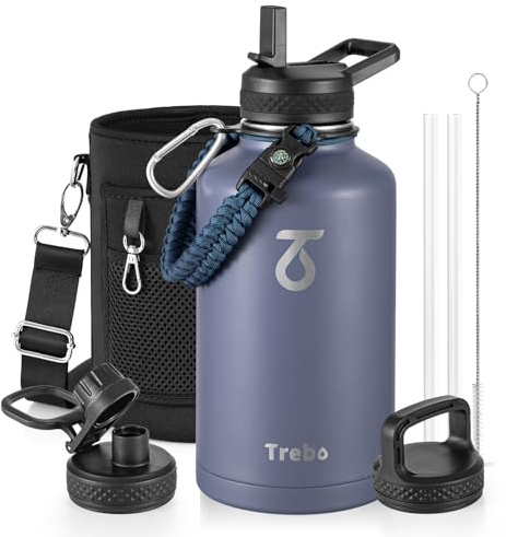 Trebo Borraccia Termica, Borraccia con Cannuccia Borraccia acciaio inox fredda per 48 ore Borraccia Termica Bottiglia in Metallo con Manico in Paracord, 1893 ml, Viola Grigiastro