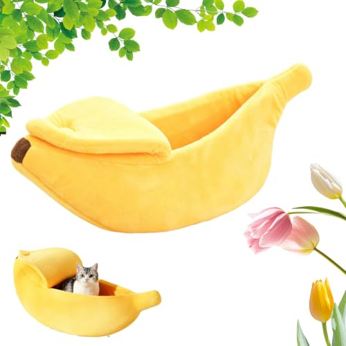 Xiyocadt Kuscheliges Katzenbett, süßes Bananen-Katzenbett, Katzenhöhle, Bananenbett, Haustierbedarf für Katzen, warmes und weiches Katzenzubehör, Geeignet zum Schlafen, Spielen, Ausruhen (Gelb,S)