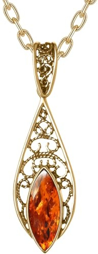 miyou - 925er Sterling Silber Halskette Damen mit Oszillierendem Ostsee-Bernstein Anhänger – Echtsilber-Kette mit Natur-Bernstein – Edles Schmuckstück (Vergoldetes Sterling Silber, Cognac)