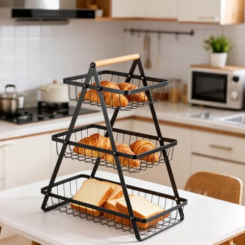 Supernic 3-Tier Fruit Basket, Fruit Bowl Holder Bread Basket Vegetable Rack, Detachable Metal Fruit Holder for Fruit Vegetables Snacks with Wooden Handle for Home Kitchen Office (3-Tier Black)