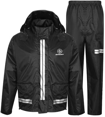 STORM Tuta Moto Impermeabile Antipioggia 2 Pezzi, Giacca Impermeabile e Pantaloni Tuta Abbinati, Colore Nero, Antivento con Cappuccio, Unisex Uomo Donna (Nero, Medium) | Giacca Impermeabile e Pantaloni Abbinati, Antivento con Cappuccio, Unisex Uomo Donna